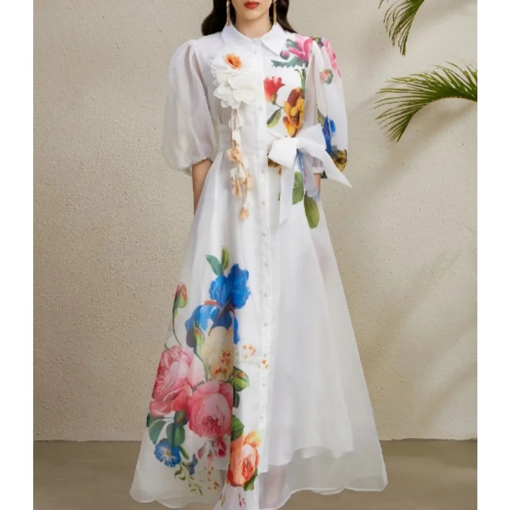 Chic vintage Sexy print mesh lace-up button Fairy Summer Women Boho Sundress women clothing Long dress