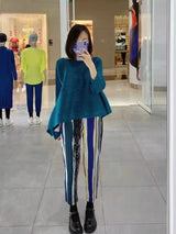 Miyake Pleated Round Neck Irregular Top Women Loose Casual T-shirt