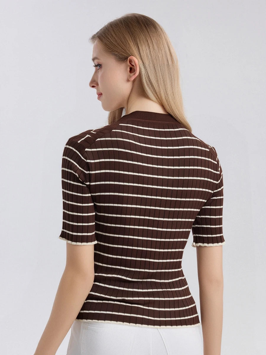 SuyaDream, Women Strips T Shirt, Round Neck, Short Sleeves Chic Shirt, 70%Silk 30%Cotton, 2025 Spring Summer Cozy Top