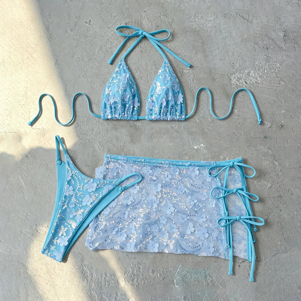 3 Piece Bikinis 2026 Sexy Women Swimsuit Swimwear Female Shiny Bikini Set Biquini SkirtBathing Suit Brazilian Cover Up Beachwear