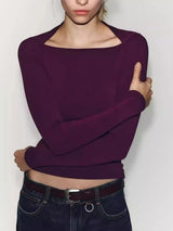 Women's Slim Fit Long Sleeve T-Shirt 2026 Summer New Style Multicolor Ribbed Square Collar Casual Cotton Thin Short Length