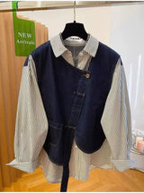 plus Size Women's Denim Patchwork Long Sleeve Shirt Spring Loose Striped Slimming T-Shirt Korean Style Commute Fashion