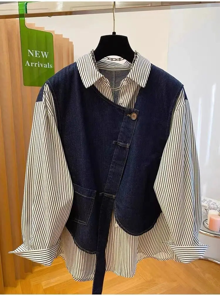 plus Size Women's Denim Patchwork Long Sleeve Shirt Spring Loose Striped Slimming T-Shirt Korean Style Commute Fashion