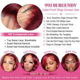 250% 13x4 HD Transparent 99J Burgundy Loose Wave Lace Front Wigs Deep