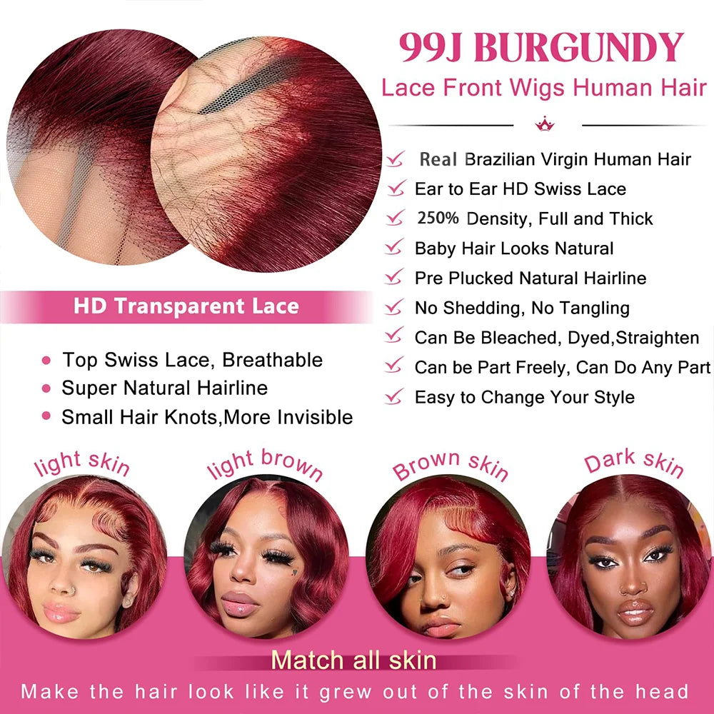 250% 13x4 HD Transparent 99J Burgundy Loose Wave Lace Front Wigs Deep