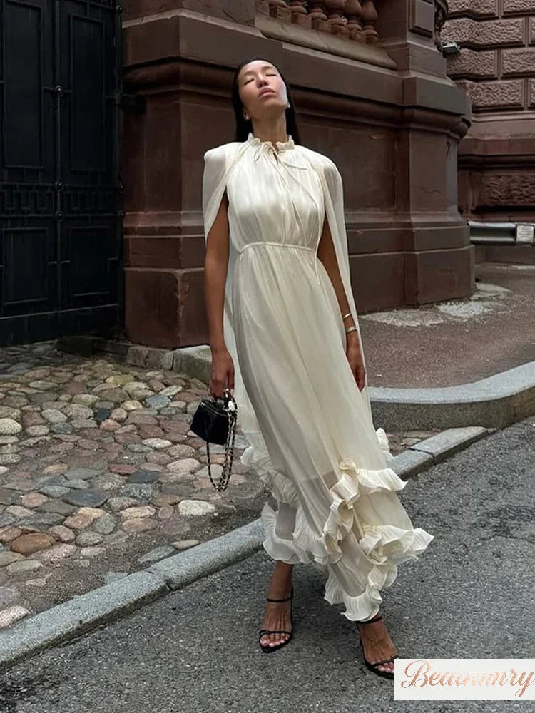 Solid Multi-layer Ruffled Maxi Dress Women's Elegant Sleeveless Off-shoulder High Waist Dresses 2026 Vacation Female Clothing