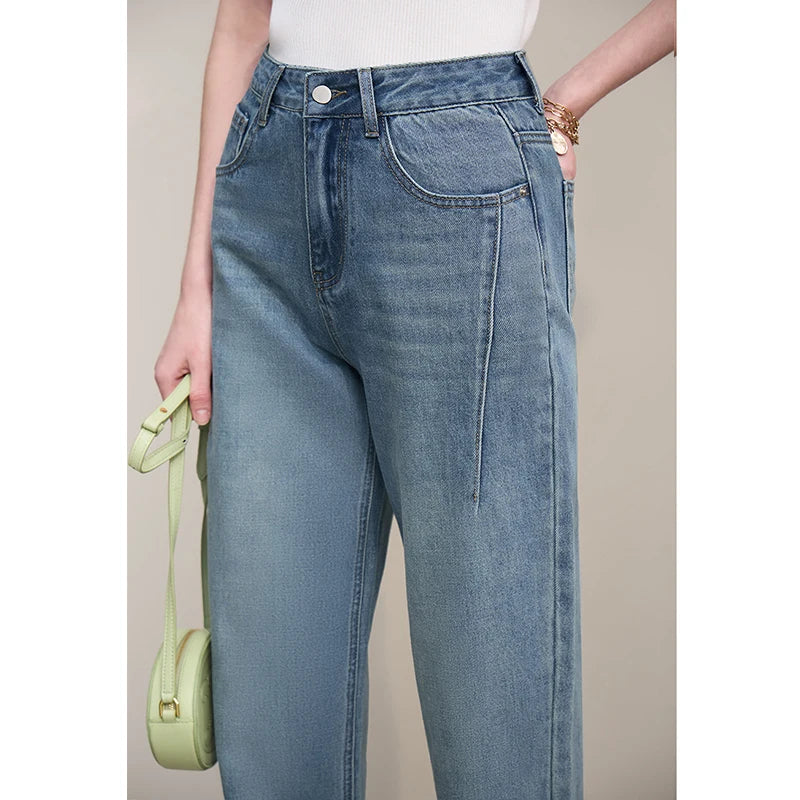 Amii Straight-leg Pants 2026 Autumn New Solid Color Casual Washed Denim Trousers Versatile Basic Cotton Women's Pants 12621040