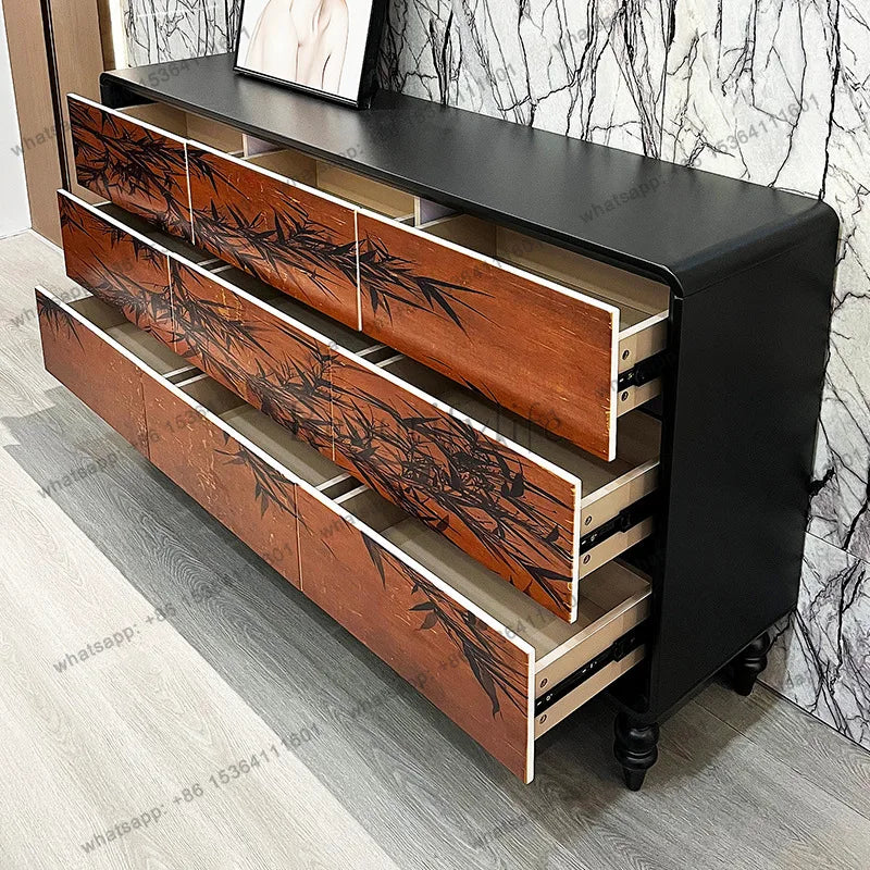 D14 Medieval ink bamboo solid wood bucket cabinet, living room storage, bedroom decorative storage cabinet