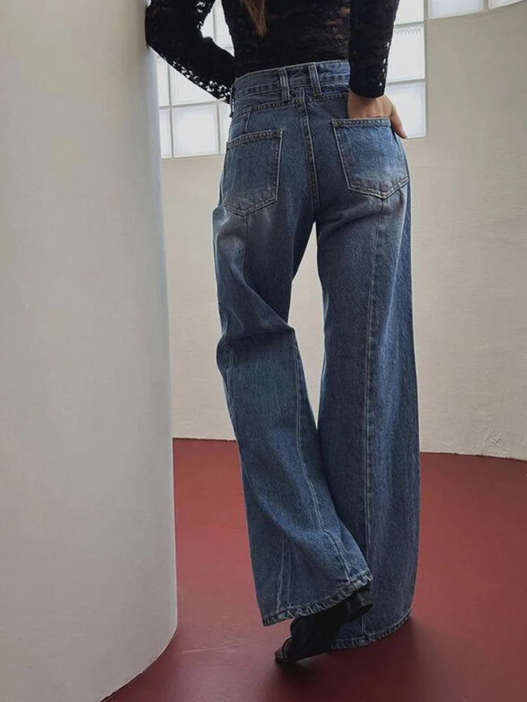 Retro High Waist Slim Fit Blue Jeans Women's Autumn Winter Straight Leg Long Pants Wide Leg Pants Classic Waed Denim