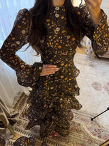 Elegant Floral Women's Cake Dress Bell-Bottomed Sleeve Stand Collar Waist-Closed Lady Dresses 2026 Spring Summer Female Robe