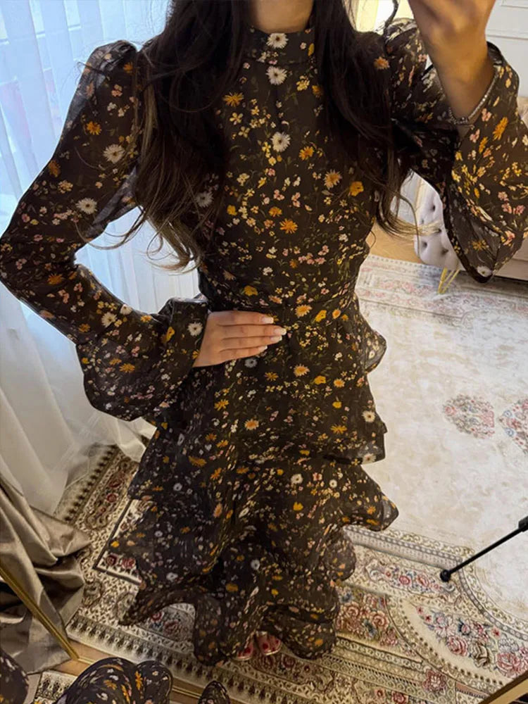 Elegant Floral Women's Cake Dress Bell-Bottomed Sleeve Stand Collar Waist-Closed Lady Dresses 2026 Spring Summer Female Robe
