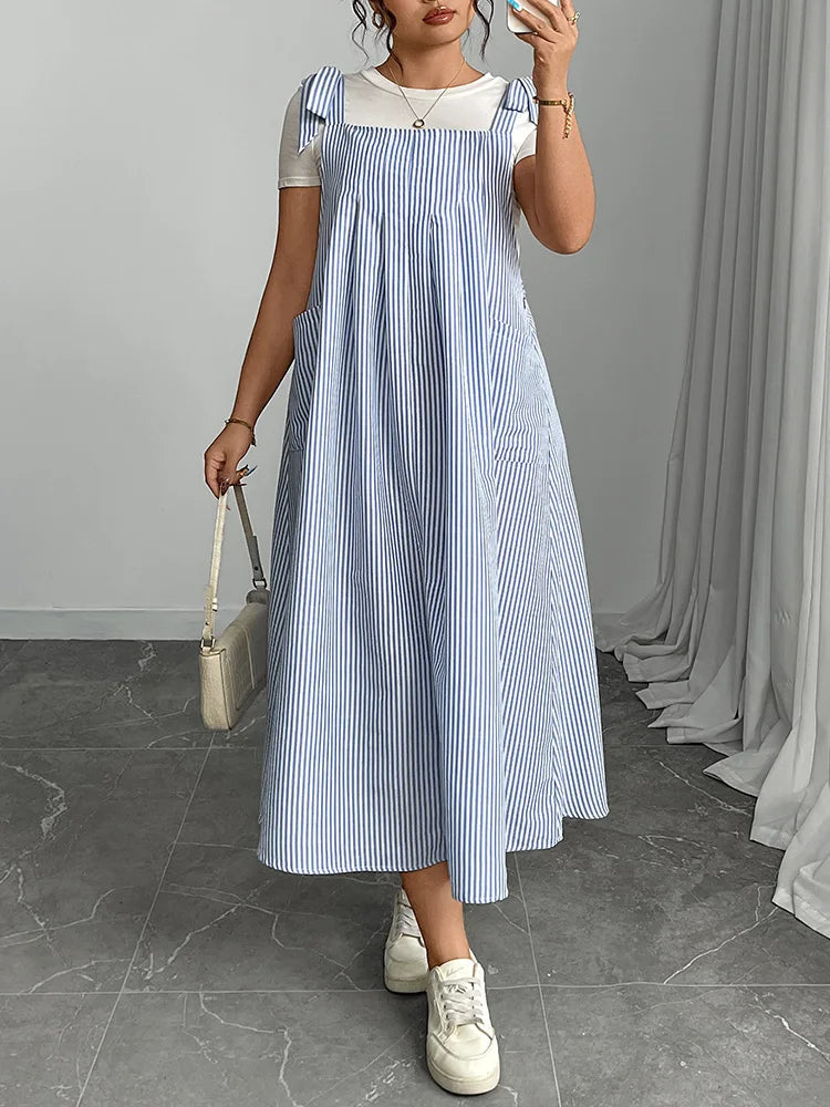 GIBSIE Plus Size Solid Tie Shoulder Overalls Dress For Women 2026 Summer Casual Loose Sleeveless Maxi Long Dresses with Pockets
