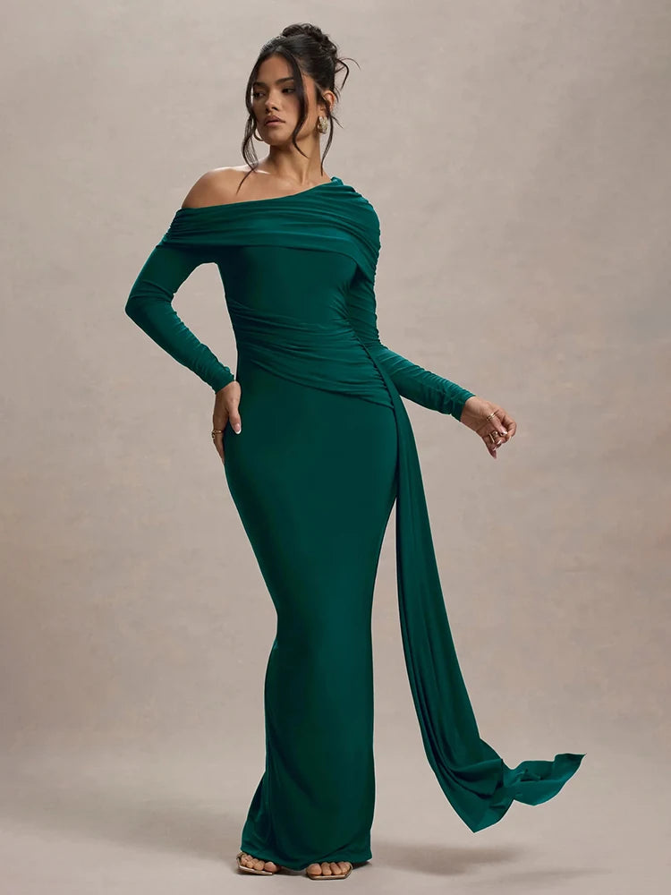 Mozision Skew Collar Long Sleeve Sexy Maxi Dress For Women Gown Fashion Backless Draped Ruched Bodycon Club Long Dress Elegant