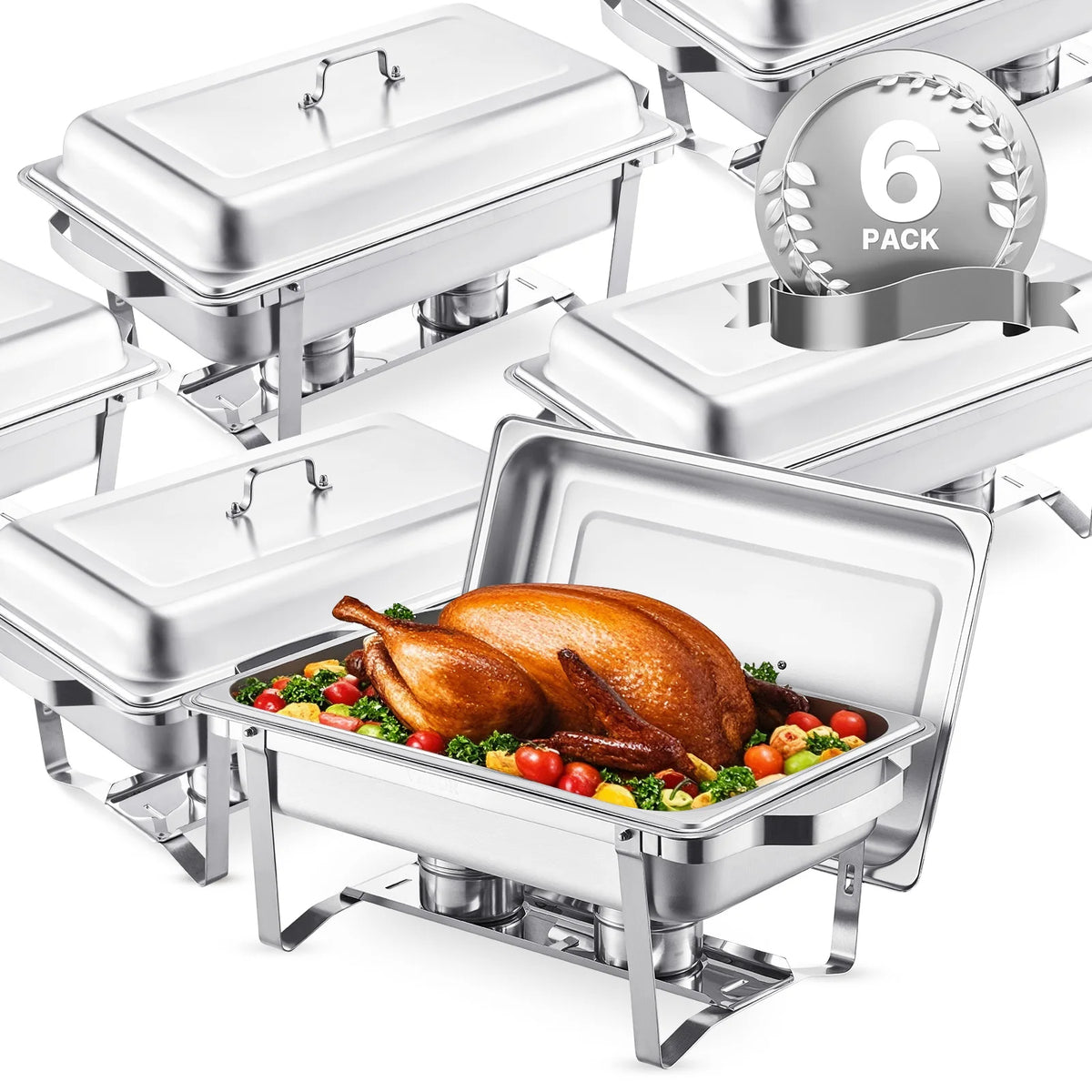 SucceBuy 8 Qt 4/6 Pack Chafing Dish Buffet Set Stainless Steel Chafer Rectangle Catering Warmer Server W/Lid Water Pan for Party