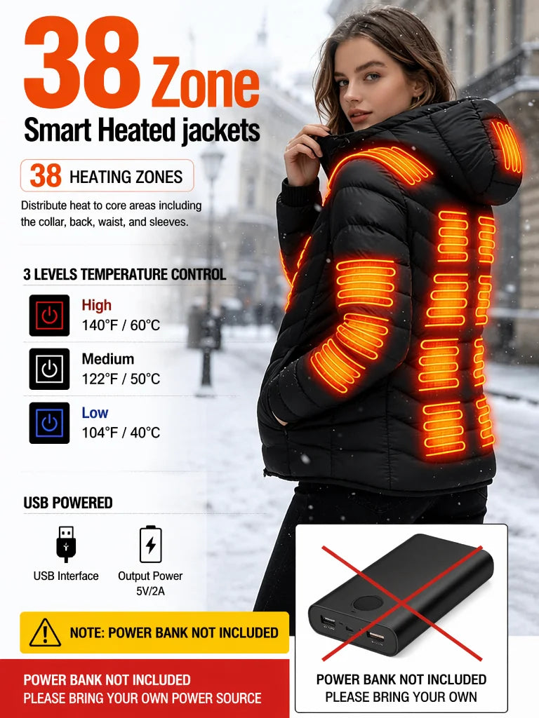 Men's Intelligent Heating Jacket 39 Heating Zones Four Temperature Control Settings Outdoor Cold Resistance Winter Hat Included (Battery Not Included)