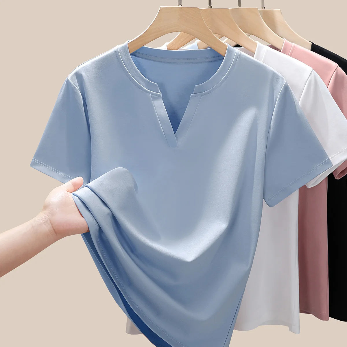 Women's 80s Double-Sided Mercerized Pima Cotton V-Neck T-Shirt 2025 Summer Oversized Slim Fit Soft Breathable Casual Comfy Top