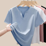 Women's 80s Double-Sided Mercerized Pima Cotton V-Neck T-Shirt 2025 Summer Oversized Slim Fit Soft Breathable Casual Comfy Top