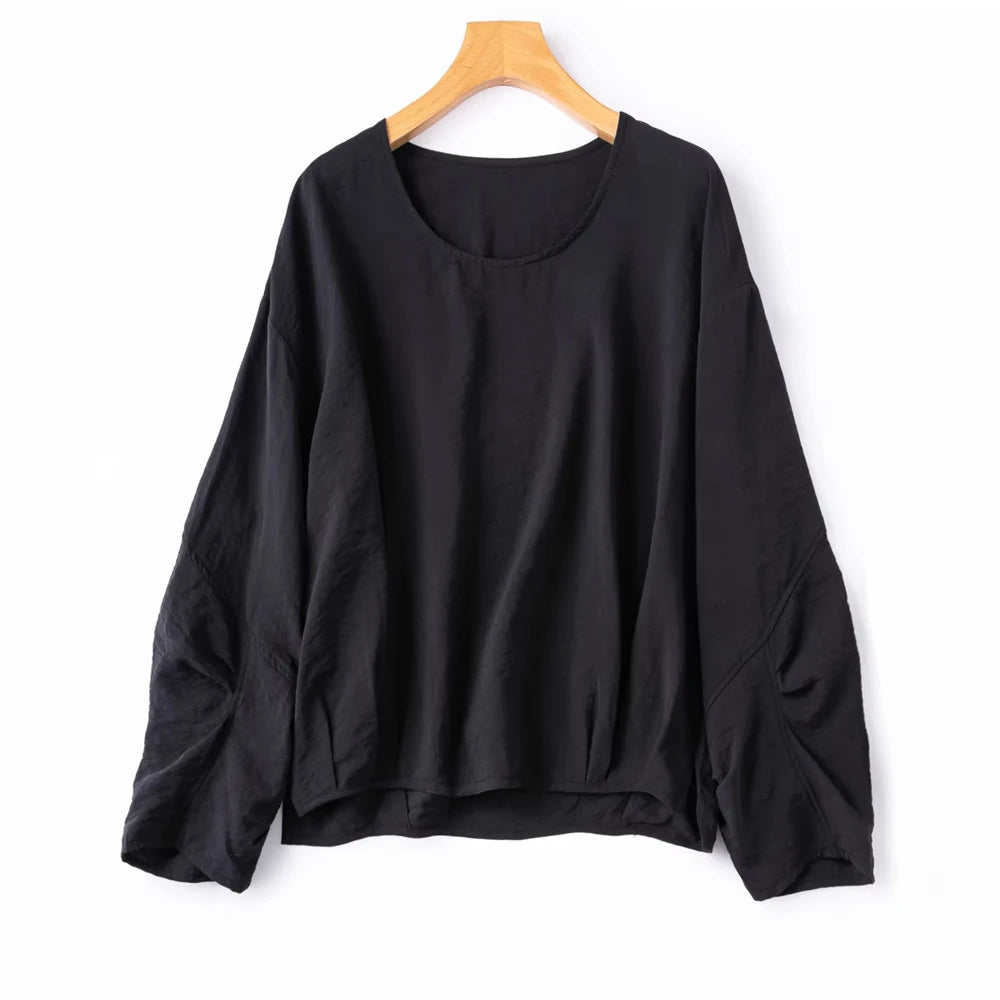 Stereoscopic Cut 76% Natural Mulberry Silk Dried Silk Round Neck Drop Shoulder Long Sleeved Loose Slit Solid Women's T-shirt