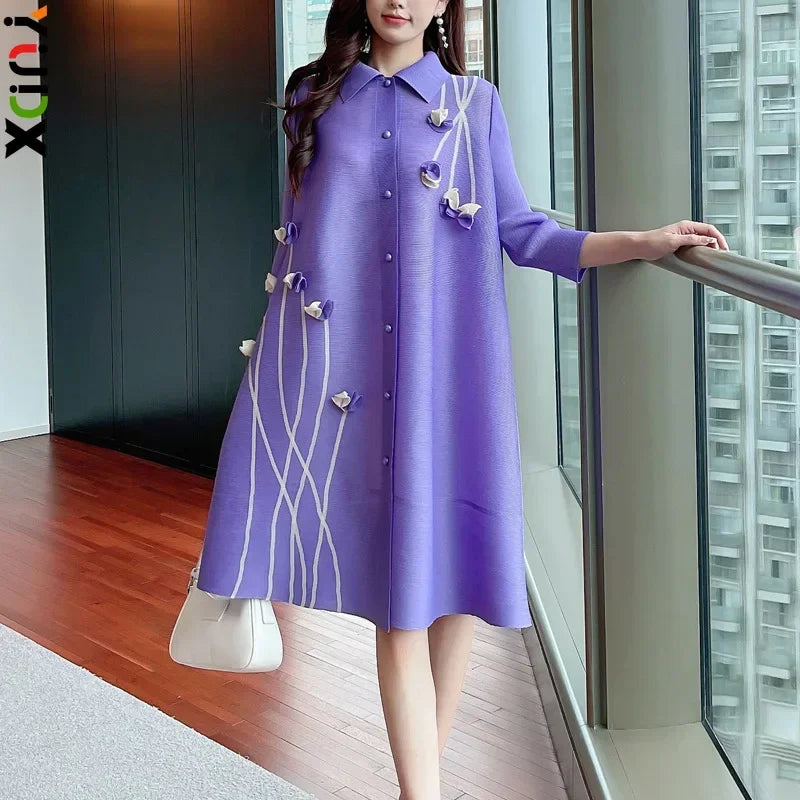 YUDX Miyake Pleated Large Size Dress Lapel Print Loose Large Size Fat Thin Single-breasted Cardigan Dress 2025 Autumn