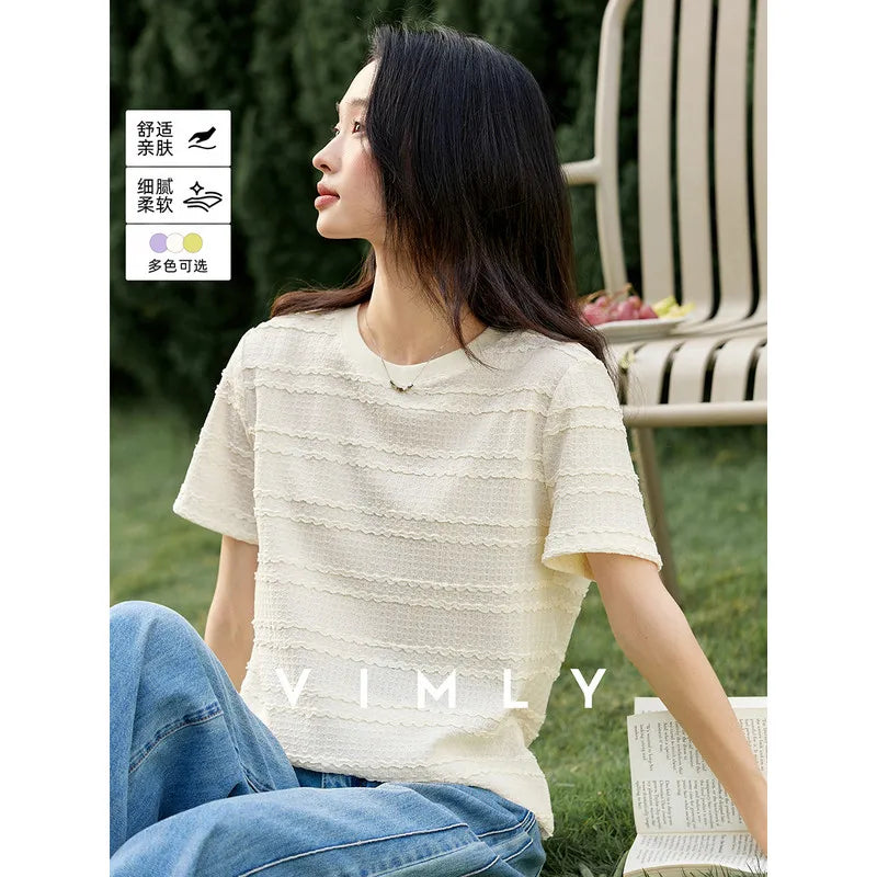 VIMLY Women's Office Short Sleeve T-Shirt 2026 Summer Tee Minimalist Textured Lace Stripe Patch Loose Casual Crew Neck Top A1832