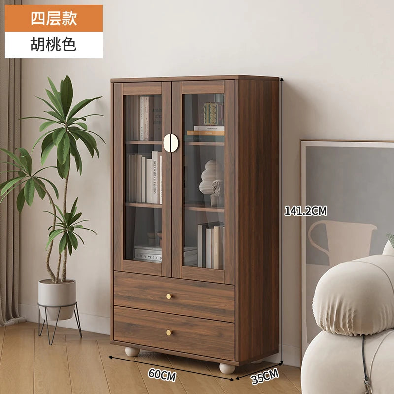 Nordic Solid Wood Bookshelf Modern Minimalist with Glass Doors Multi-layer Display Cabinet Storage Floor-standing Furniture FYBK