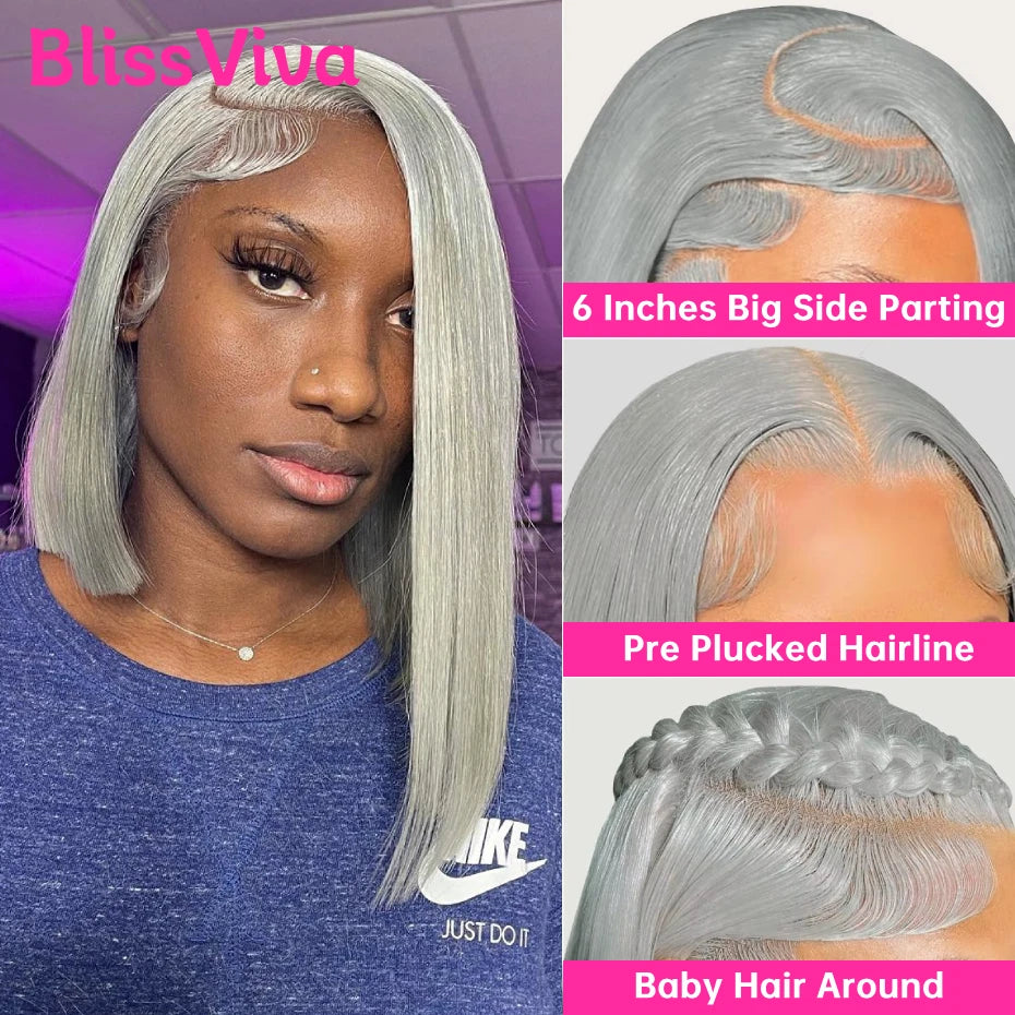 Silver Grey Short Human Hair Wigs 13x6 Lace Front Human Hair Wig Ash Gray Bob Vietnamese Pre Plucked 613 Blonde Lace Frontal Wig