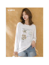 XIAOGULI Women's Off Shoulder T-shirt 2026 Autumn Starfish Print Korean Style Cotton Loose Fit Irregular Chiffon Ruffle Hem Top