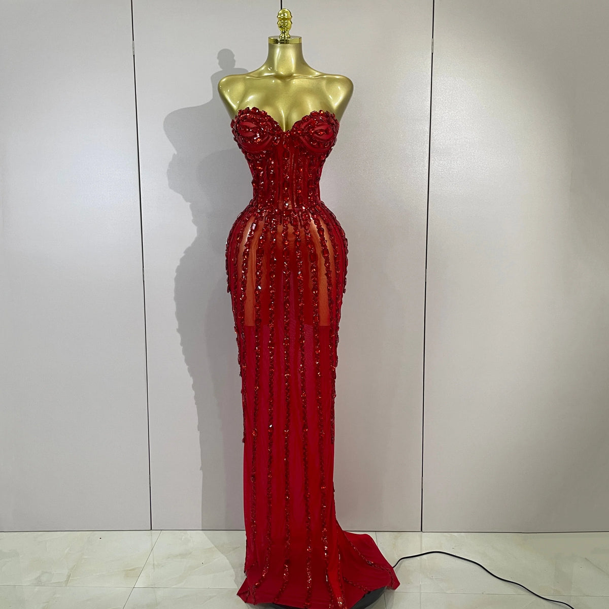 Sexy Red Strapless Mesh See Through Long Dress Evening Party Luxury Sparkly Diamond Birthday Nightclub PhotoShoot Stage Costumes