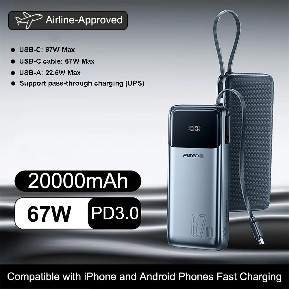 PISEN 20000mAh 67W Power Bank With Fast Charging Cable External Battery For 65W Laptops/ 45W Samsung Phones/ iPhone & iPad