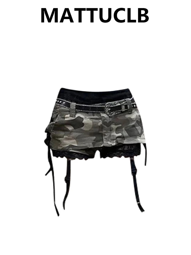 Summer Women Gyaru Coquette Camouflage Culottes Harajuku Shoujo 2000s Aesthetic Low Rise Mini Denim Skirt Korean Y2k Japanese