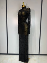 Sparkly Luxury Rhinstones Long Sleeve Elegant Party Dress Women 2025 Performance Stage Outfit Evening Birthday Prom Gown