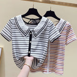 Summer New Chromatic Stripe Doll Collar Short Sleeve T-Shirt Female Small Sweet Wind Design Feeling Hollow Out Backless Coat