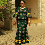 Afripride African Dresses for Woman Customized Loose Gold Ankara Printed Two Piece Flared Sleeve Fishtail Hem Dress 2425046