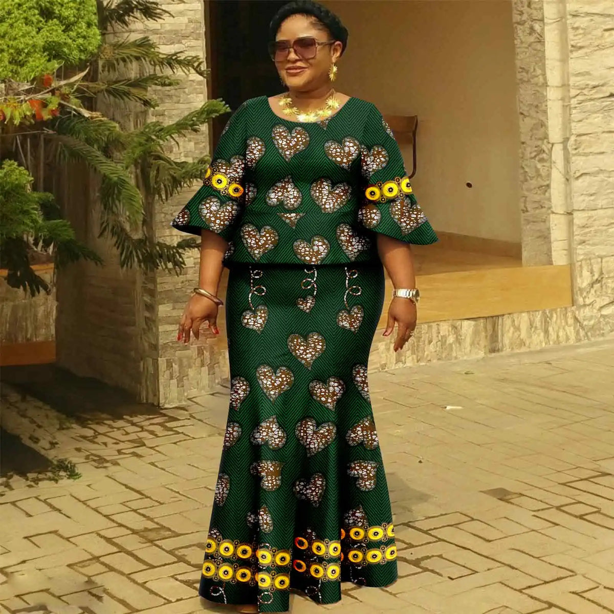 Afripride African Dresses for Woman Customized Loose Gold Ankara Printed Two Piece Flared Sleeve Fishtail Hem Dress 2425046