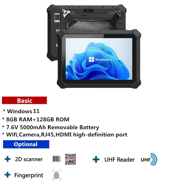 Industrial Tablet Windows 11 Wifi Bluetooth RJ45 HDMI 2D Scanner 5000mAh Large Battery Optional UHF Fingerprint Rugged Tablet
