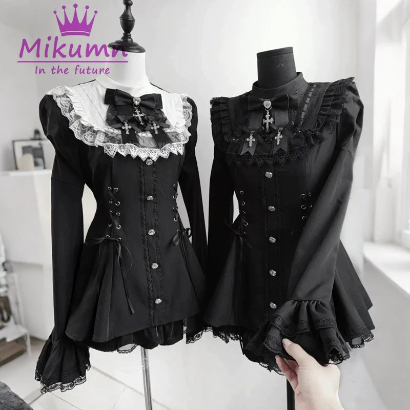Mikumn Harajuku Y2k Japanese Lolita Style Dress With Shorts Kawaii Vestidos Women Gothic Lace Bow Flare Sleeve Party Mini Dress