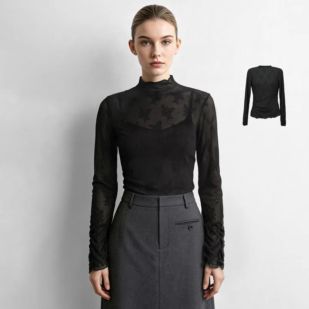 Amii Women's T-Shirts Mock Neck 2026 Autumn Long Sleeve Jacquard Lace Knitted Tops Slim Elegant Commute Woman Cloting 12623032