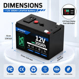 LiFePO4 12V 300AH 12V 200AH Battery Free Charger 12V Lithium Battery Built-In 300A BMS 6000+ Cycle For Solar RV Marine Energy