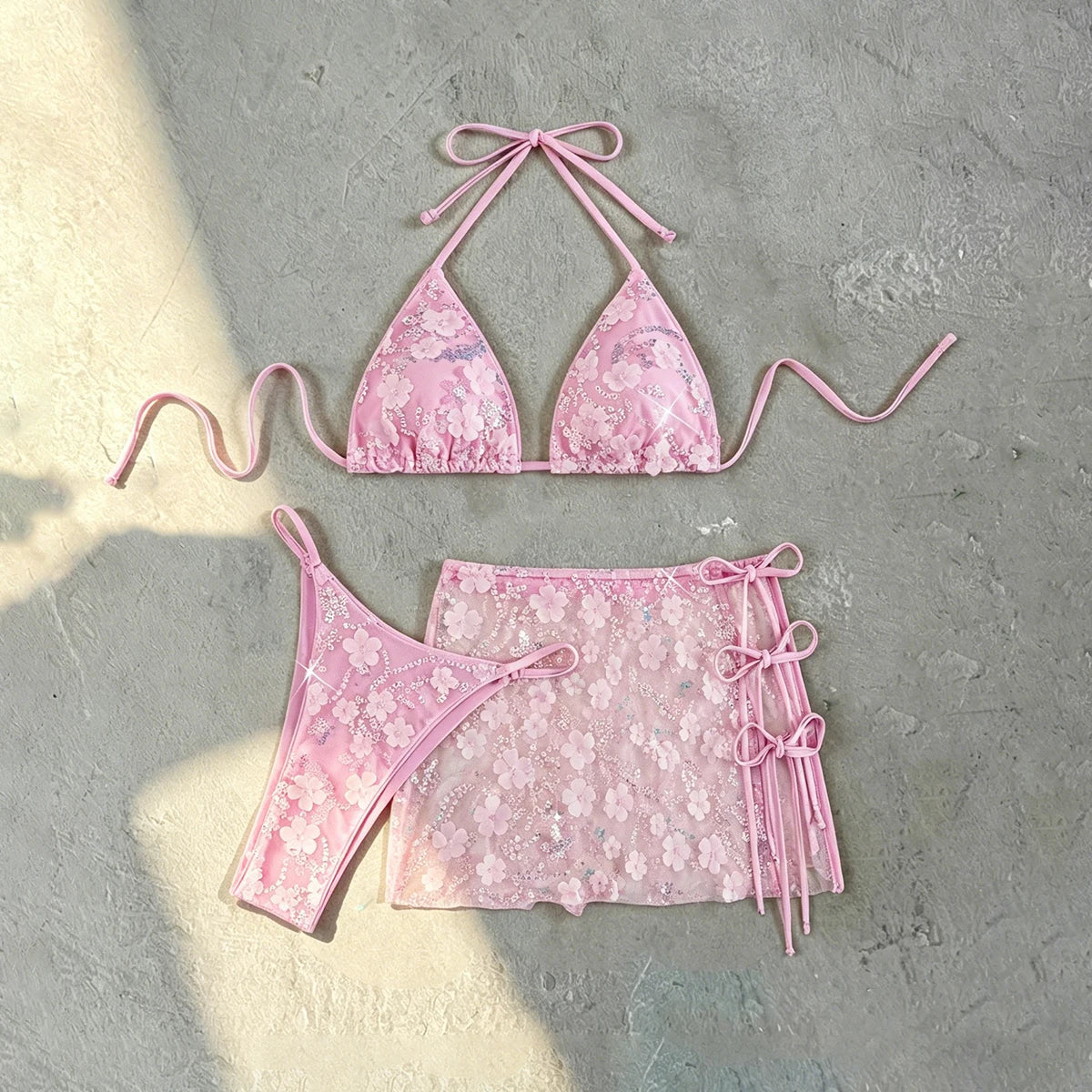 3 Piece Bikinis 2026 Sexy Women Swimsuit Swimwear Female Shiny Bikini Set Biquini SkirtBathing Suit Brazilian Cover Up Beachwear