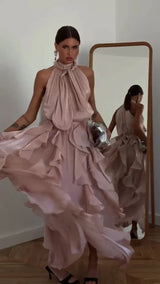 Sexy Cascading Ruffle Pleated Women's Long Dress Fashion Lace Up Sleeveless Empire Female Dresses 2026 Spring Summer Lady Robe