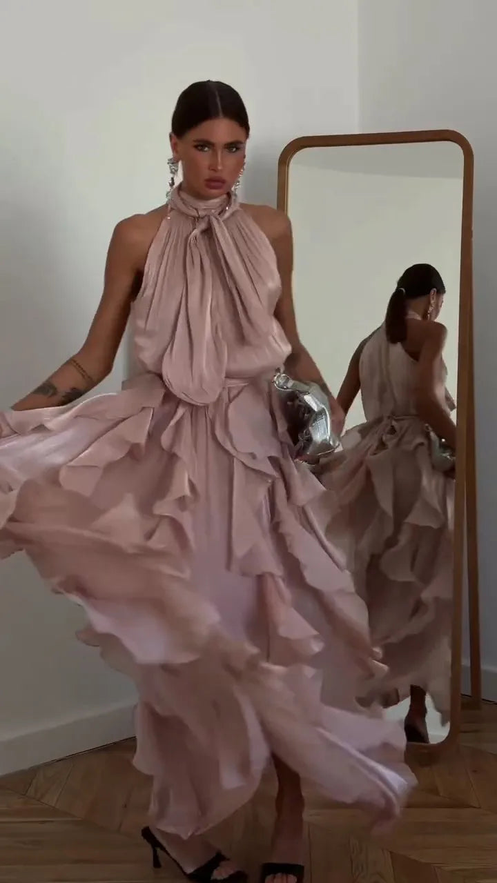Sexy Cascading Ruffle Pleated Women's Long Dress Fashion Lace Up Sleeveless Empire Female Dresses 2026 Spring Summer Lady Robe