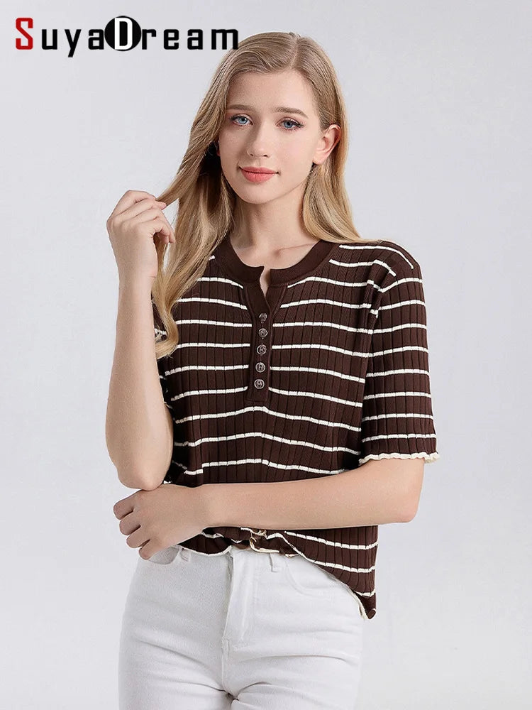 SuyaDream, Women Strips T Shirt, Round Neck, Short Sleeves Chic Shirt, 70%Silk 30%Cotton, 2025 Spring Summer Cozy Top