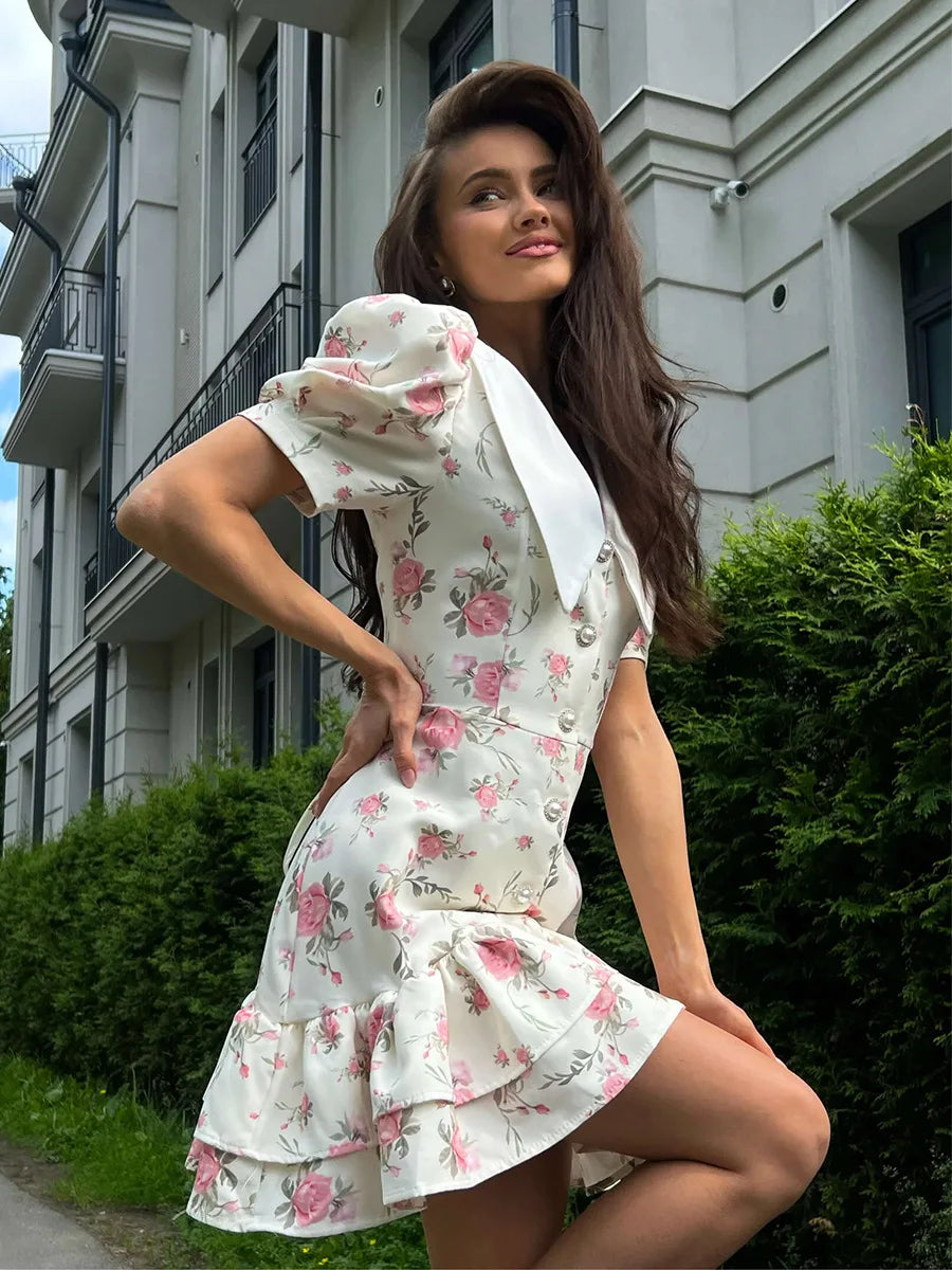 Original Light Luxury V-neck Bubble Sleeve Chiffon Dress Spring and Summer Women's Sweet Slim Commuting Vacation Leisure Dress