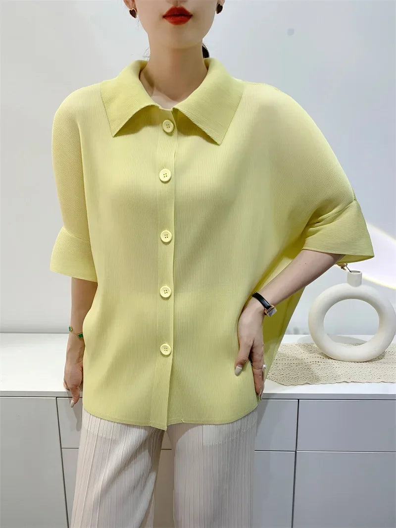 Miyake Pleated Lapel Button Up Short Sleeved Top for Women's Fashion,commuting Solid Color Shirt Spring 2024 Women's Clothing
