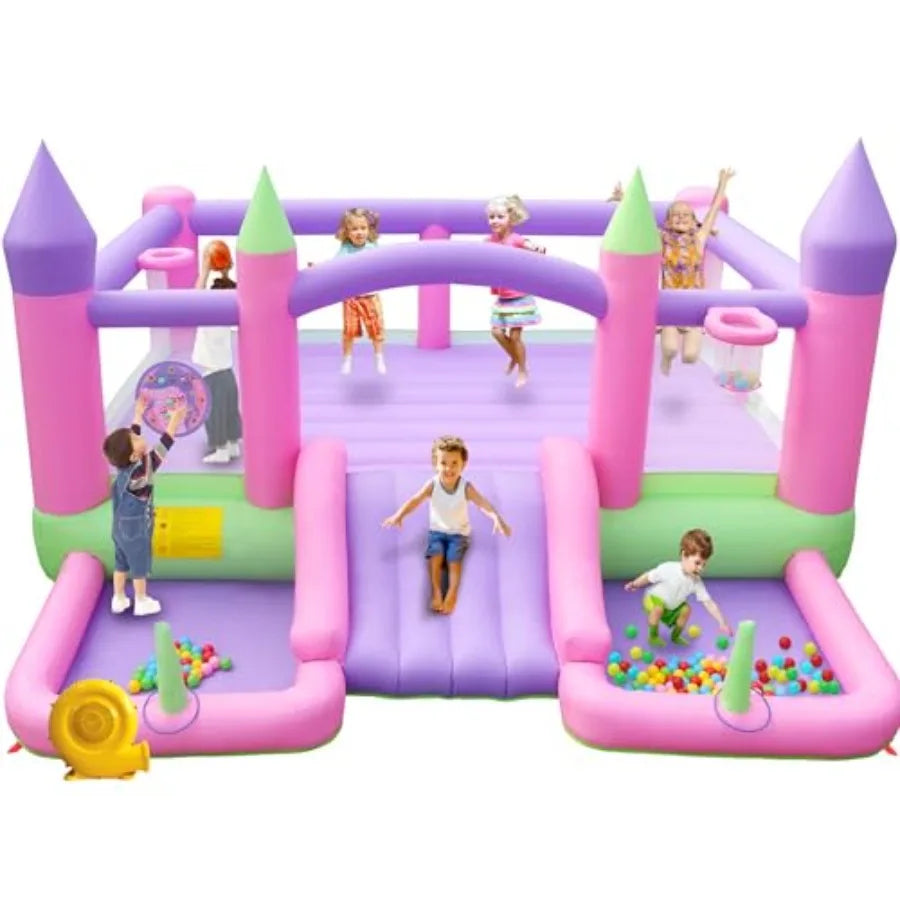 Inflatable Bounce House 15 ft x 14.7 ft with Blower for Aged 3-12 Blue Jumping Castle with Slide 2 Ball Pits 2 Basketballs 2 Ri
