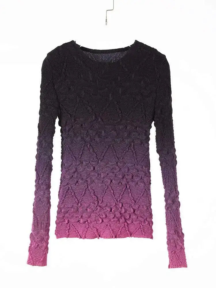 LANMREM Gradient Pleated T-shirt For Women Round Neck Long Sleeves Slim Thin Style Female Chic Top 2025 Spring New 2DB2141