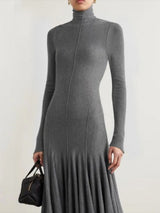 Freeacy Women's Grey Knit Maxi Dress Turtleneck Long Sleeve with Fitted Bodice and Flared Mermaid Skirt Elegant Party Dresses
