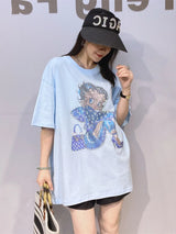 Casual Versatile Short Sleeve T-Shirt Women's Heavy Rhinestone Black Loose Fit Summer Top Breathable Cotton round Neck Sweats...