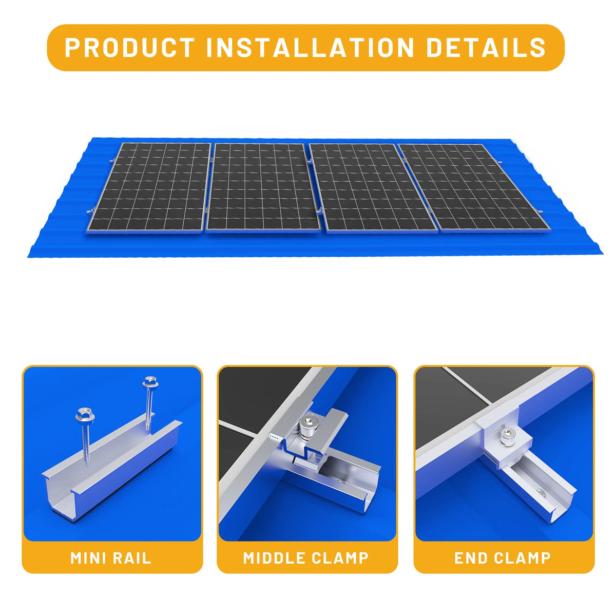 14/12/10/6pcs Solar Panel Mounting Brackets Mid and End Clamps and Rails Kit for Roofing Solar Panels of Multiple Sized
