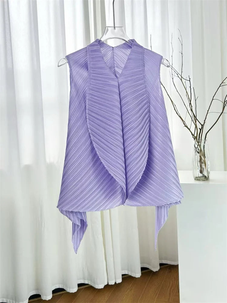 Miyake Pleated High-neck Sleeveless Women Leaf Fold Top